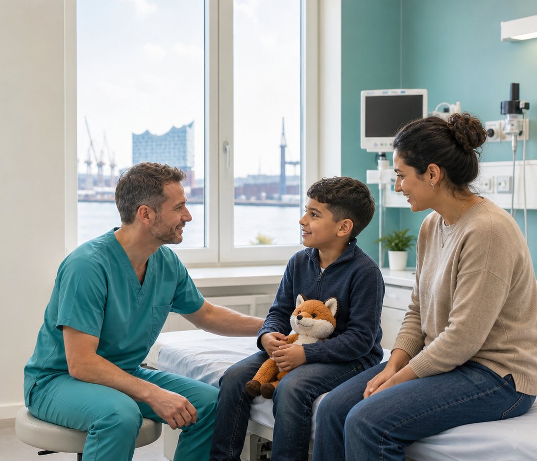 Arzt im ruhigen Gespräch mit einem Kind und seiner Mutter im Behandlungszimmer mit Blick auf den Hamburger Hafen